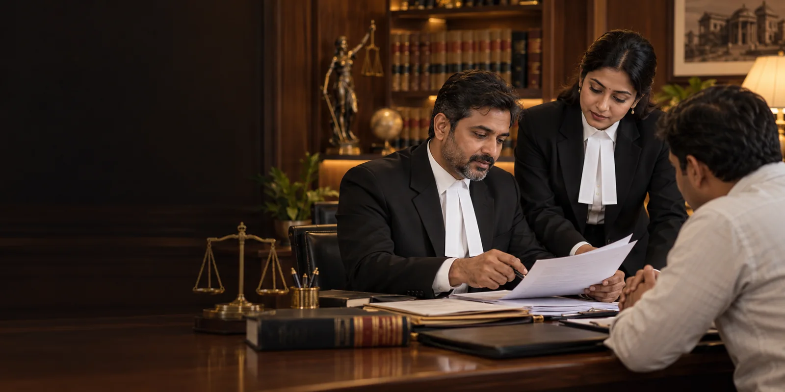 Illustrative Indian advocates discussing documents with a client
