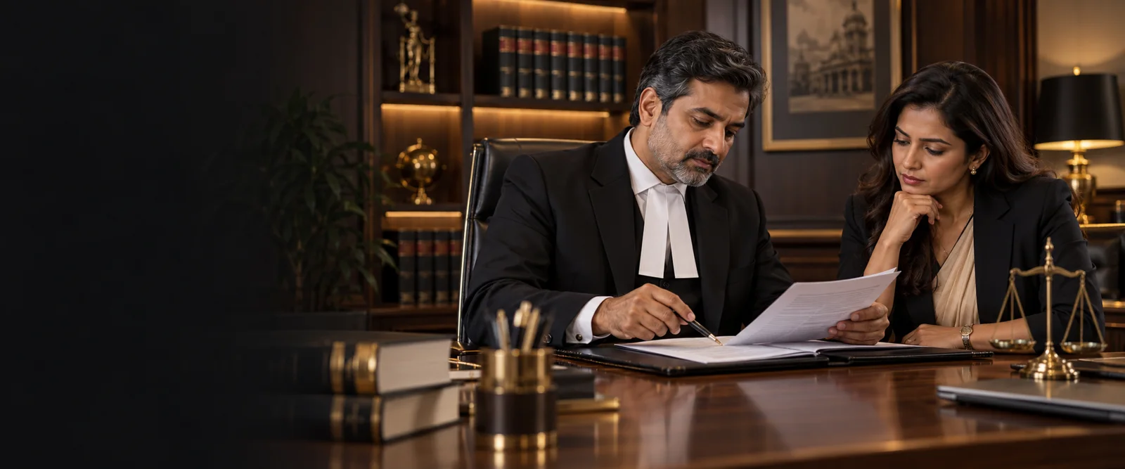 Illustrative Indian advocate and businesswoman reviewing a contract